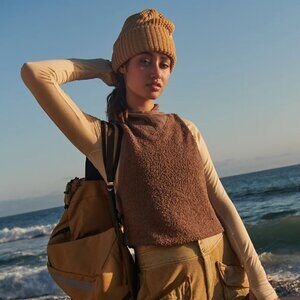 Free People Movement Mountain Top Vest Sherpa Hooded Small Hickory Tan Brown